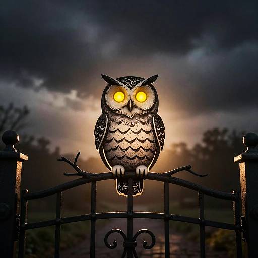 Photograph of a glowing, black silhouette owl with bright yellow eyes perched on a wrought iron fence, against a dramatic, cloudy sunset sky.