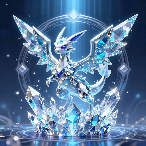 Digital artwork of a crystalline, blue-and-white dragon with ice wings, standing on a glowing, circular, water-like surface. Bright, ethereal
