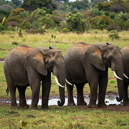 Photograph of three African elephants with large tusks standing in a muddy grassy savanna, surrounded by lush green trees and shrubs in the background