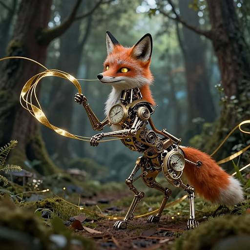 Digital CGI image of a mechanical fox with glowing orange eyes and golden rings, standing in a foggy forest, holding a glowing ring with its paw.