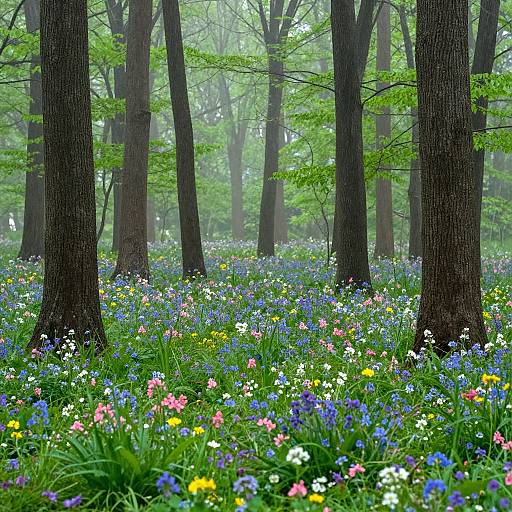 Photograph of a misty forest with tall, dark brown trees and a vibrant carpet of blue, pink, white, and yellow wildflowers.
