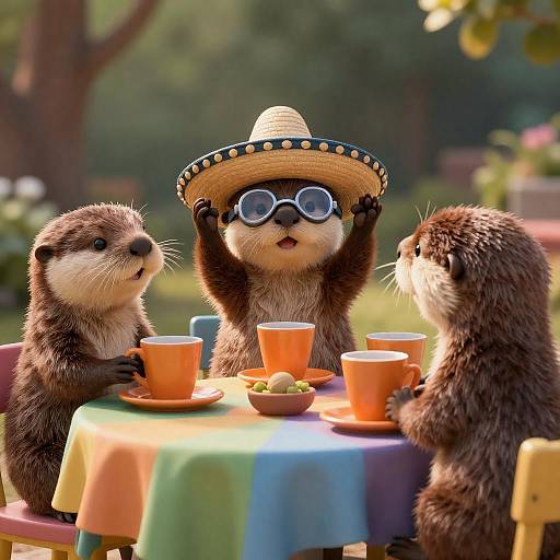 Festive Otters at Colorful Outdoor Tea Party