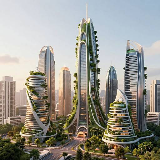 Futuristic Spiral Green Skyscraper Cityscape