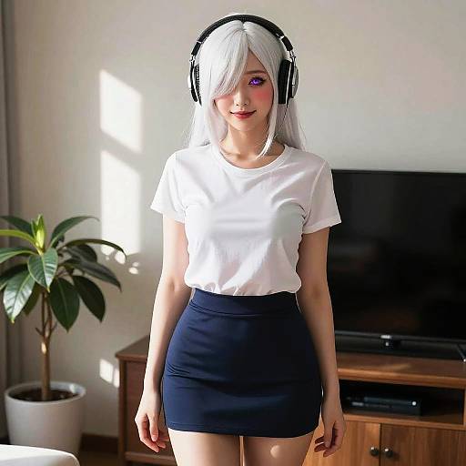 Photograph of an Asian woman with white hair, wearing a white shirt, black skirt, and headphones, standing in a sunlit room with a p