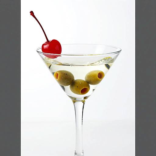 Photograph of a martini glass filled with clear liquid, containing green olives with pimentos, and a bright red cherry on a stem. White