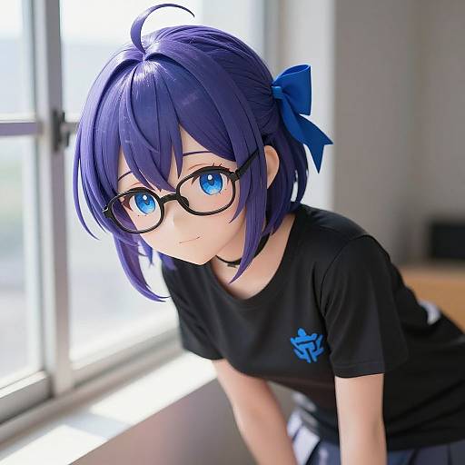 Anime-style digital illustration of a cute girl with blue hair, glasses, black shirt, blue bow, and blue emblem, leaning by a sunlit window