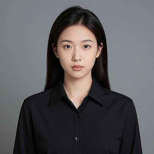 Photograph of an East Asian woman with long black hair, light skin, wearing a black button-up shirt, against a plain gray background.