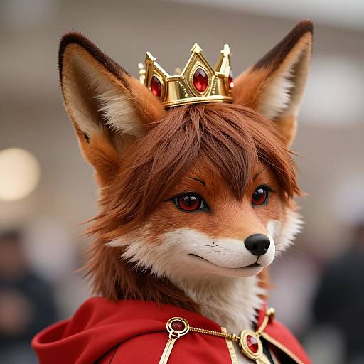 Photorealistic digital artwork of an anthropomorphic fox with red fur, wearing a gold crown and red cloak, featuring red gemstones, with a blurred