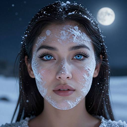 Photograph of a young woman with striking blue eyes, dark hair, and a face covered in snowflakes, under a bright full moon in a
