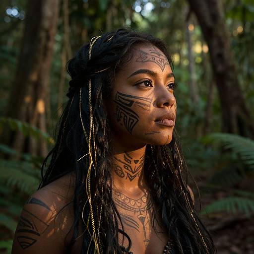 Photograph of a young Black woman with intricate tribal tattoos, long braided hair, and gold accents, standing in a sunlit forest.