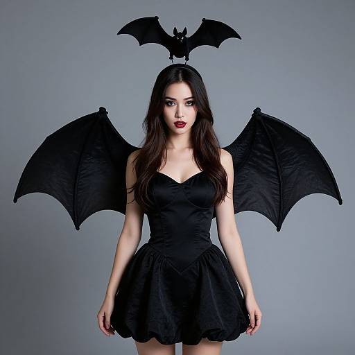 Photograph of a pale-skinned woman with long black hair, red lipstick, black bat wings, and a black dress, wearing a bat headpiece
