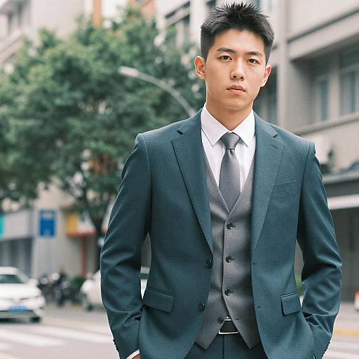 Young Asian Man in Dark Teal Suit Outdoors