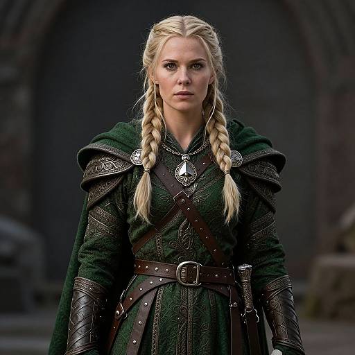 Photograph of a blonde woman with braided hair, wearing medieval green armor with brown leather straps, standing in a dark, stone archway.