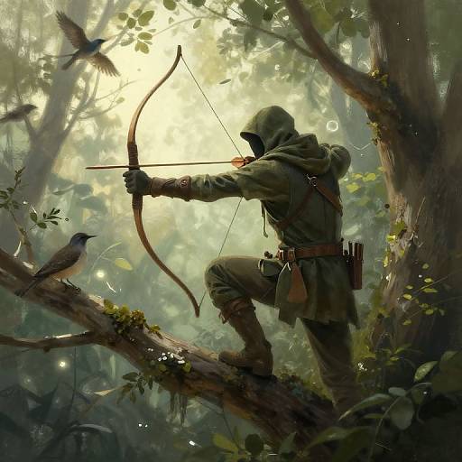Digital painting of a hooded archer in green camouflage, perched on a mossy tree in a sunlit, dense forest, aiming a bow