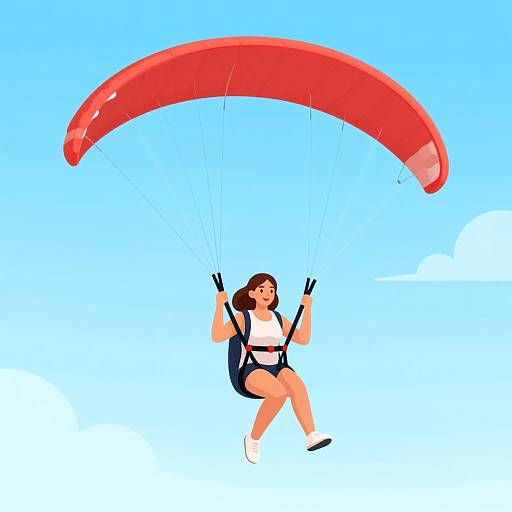 Digital illustration of a woman with brown hair, wearing a white top, black shorts, and white socks, parachuting with a red parachute against a clear