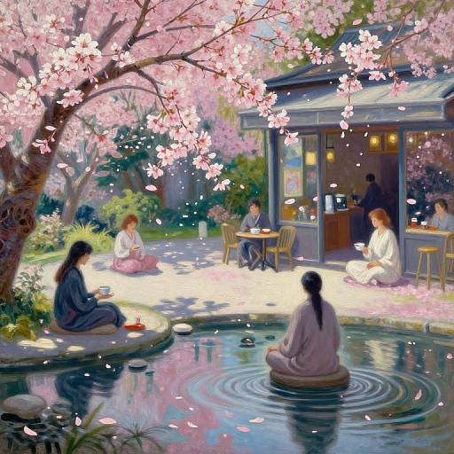 Digital painting of serene Japanese garden scene: people sit under cherry blossom trees, one in a pond, pink petals falling, traditional kiosk.