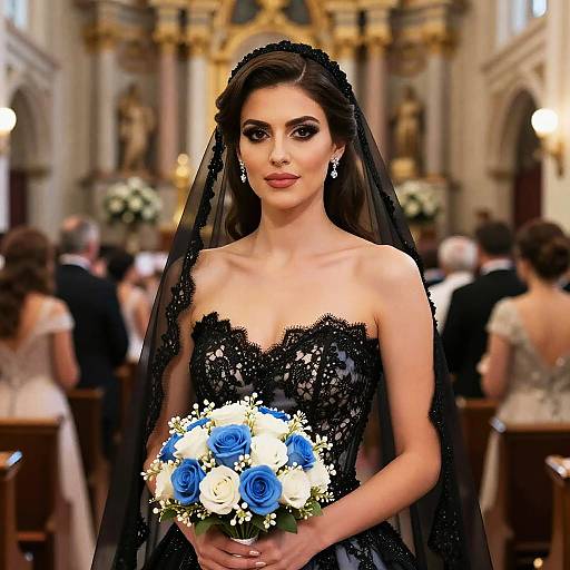 Photograph of a beautiful brunette bride with long hair, black lace dress, and veil, holding a blue and white flower bouquet in a grand, orn