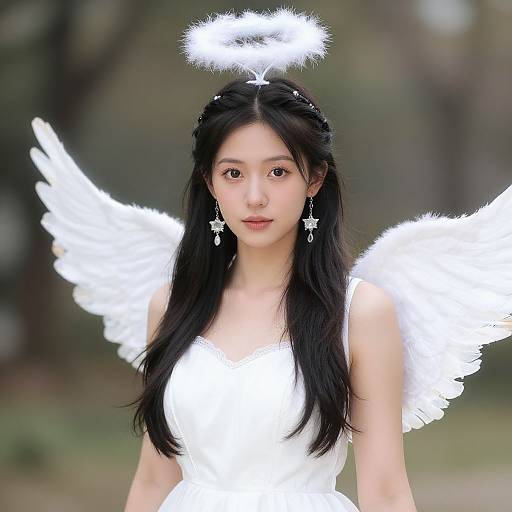 Photograph of an Asian woman with long black hair, wearing a white angel costume with fluffy halo, wings, and star earrings, standing in a blurred