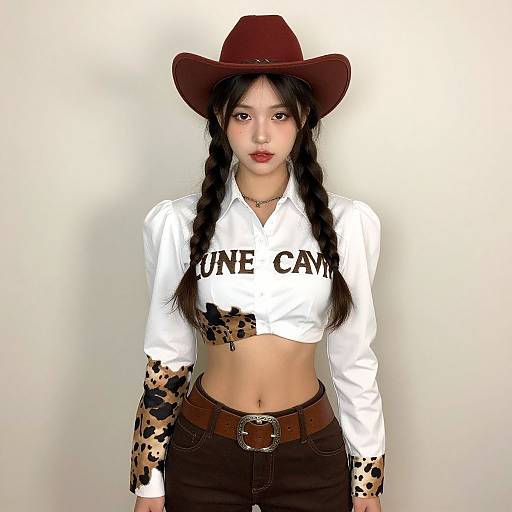 Photograph of an Asian woman with long black braids, wearing a brown cowboy hat, white crop top with 