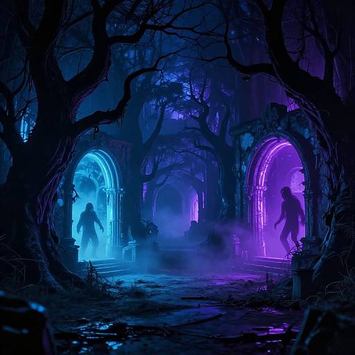 Digital artwork of a dark, misty forest with glowing blue and purple arches; silhouetted figures emerge from neon-lit portals amidst twisted