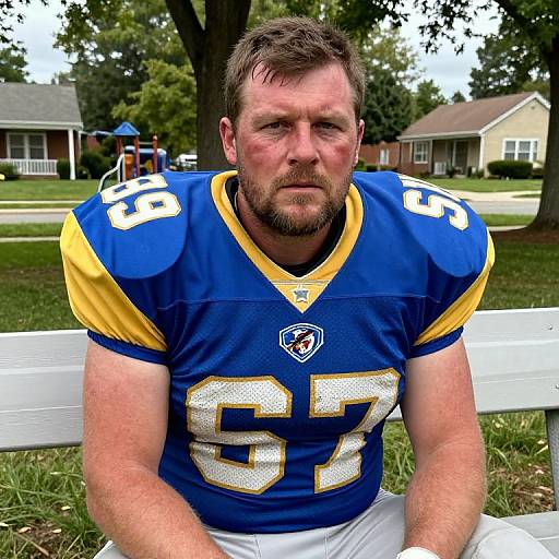 Photograph of a bearded, muscular white man in a blue and yellow football jersey with number 97, sitting on a white bench in a suburban