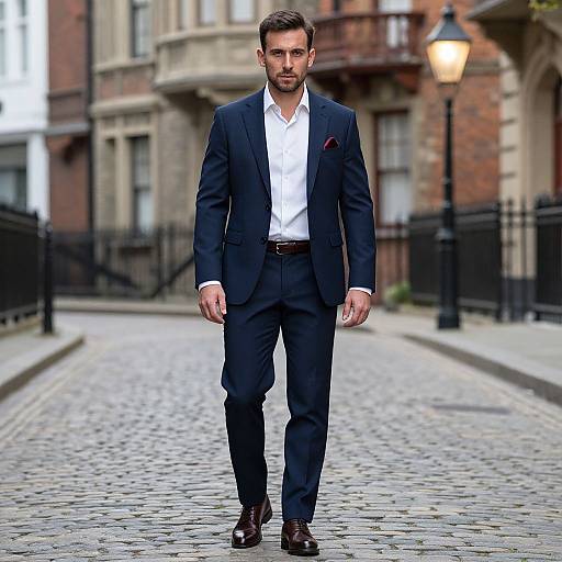 Photograph of a handsome, bearded man in a dark navy suit, white shirt, brown shoes, walking down a cobblestone street with historic