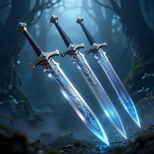 Photorealistic digital art of three glowing blue, intricately designed swords with ornate hilts, standing upright in a misty, dark forest.