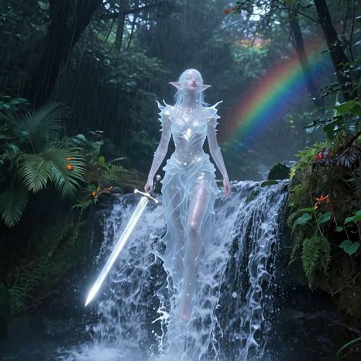 Ethereal female warrior in glowing white armor with pointed hat, holding a radiant sword, standing in a rain-soaked forest waterfall. Rainbow arches