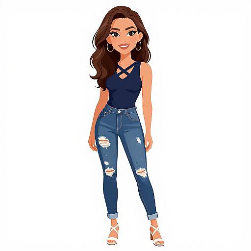 Digital illustration of a smiling woman with long brown hair, wearing a navy sleeveless top, ripped blue jeans, and white sandals.