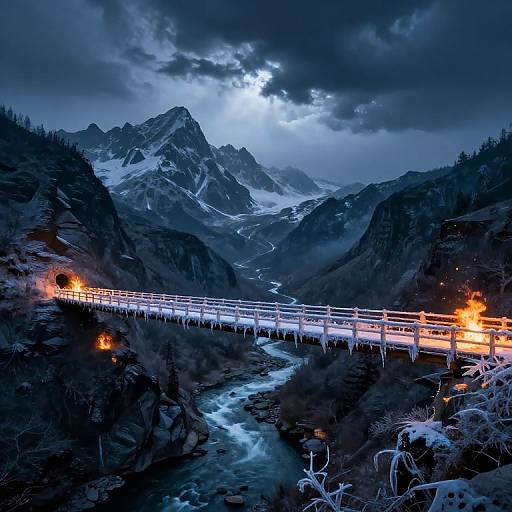 Photograph of a snowy, mountainous landscape at night with a glowing bridge, illuminated by orange lights, under a cloudy, moonlit sky.