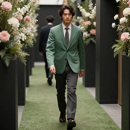 Stylish Man in Flower-Filled Hallway