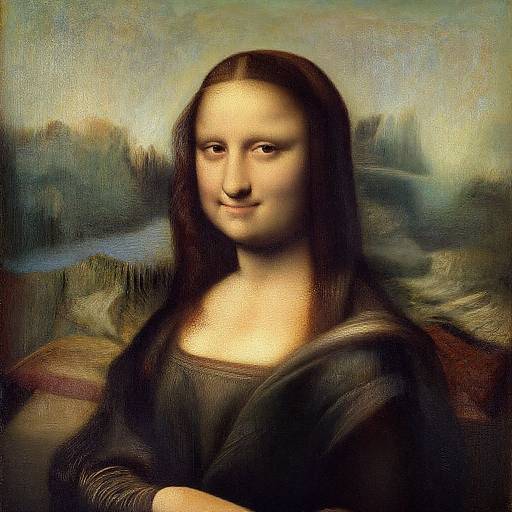 Mona Lisa portrait by Leonardo da Vinci: A Renaissance-style painting of a woman with enigmatic smile, long dark hair, and dark dress, against