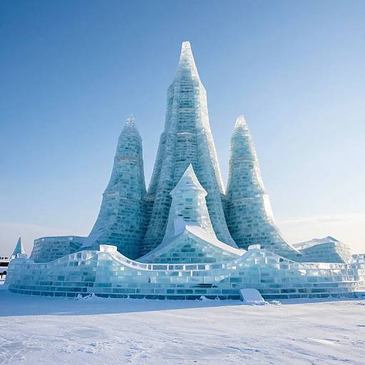 Photograph of a large, intricate ice sculpture with three tall, conical towers and a central pyramid-like structure, set against a bright blue sky and