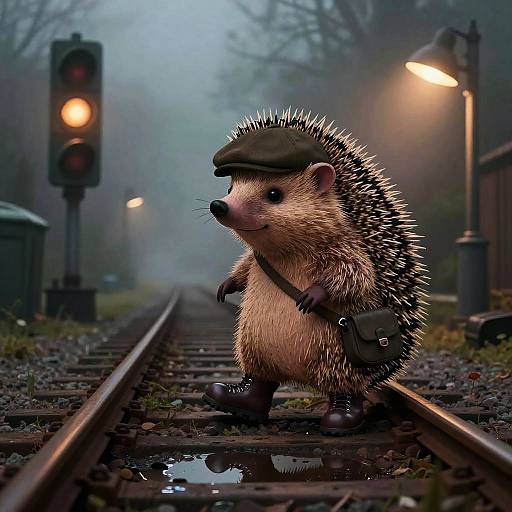 Noir Hedgehog Spy in Foggy Railroad Yard