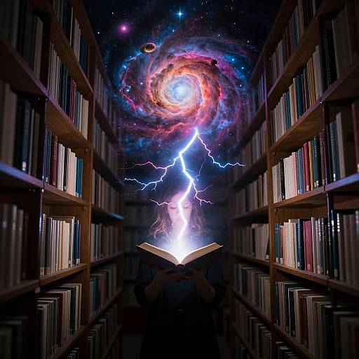 Woman in Illuminated Cosmic Library