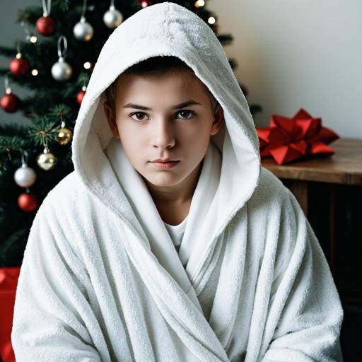 Boy in White Robe with Hood Near Christmas Tree
