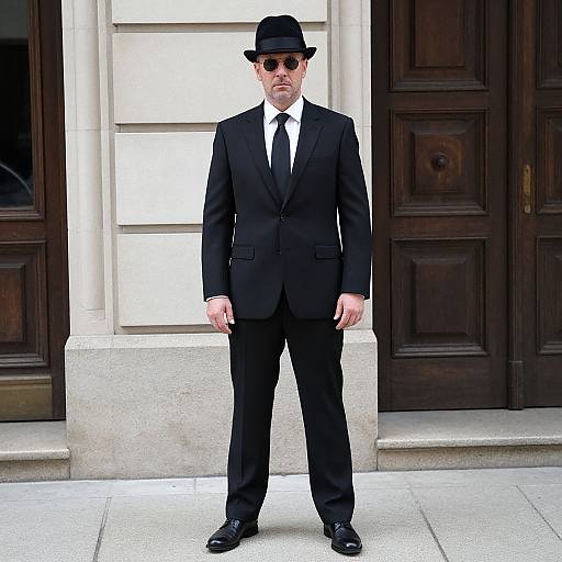 Photograph of a white-haired man in a black suit, tie, and fedora, wearing sunglasses, standing in front of dark wooden doors.