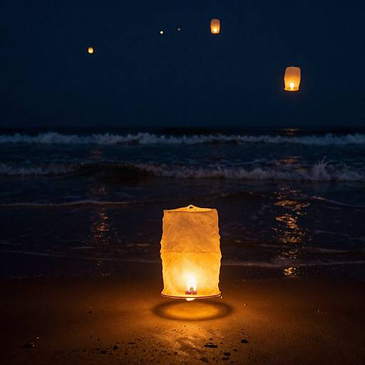 Photograph of a glowing, orange paper lantern on a dark, wet beach at night, with three smaller lanterns visible in the background.