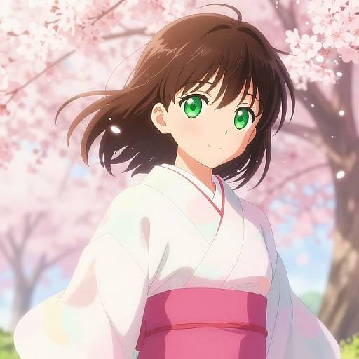 Anime-style digital drawing of a young girl with green eyes, brown hair, wearing a white kimono with a pink obi, standing under blooming