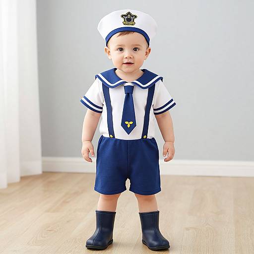 Photograph of a toddler in a white sailor outfit with navy accents, hat, and boots, standing on wooden floor in a bright room.