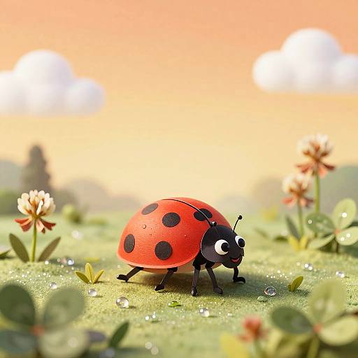 Photograph of a whimsical, cartoon-style red ladybug with black spots on a dewy, sunlit grassy field with blurred flowers and a