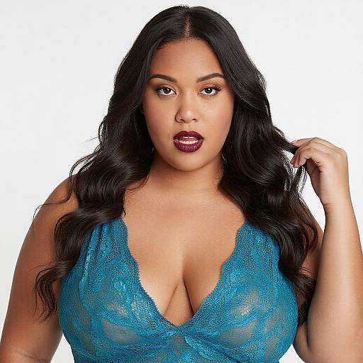 Photograph of a curvy Latina woman with long black hair, wearing a sheer blue lace bralette, revealing large breasts, with a confident expression and