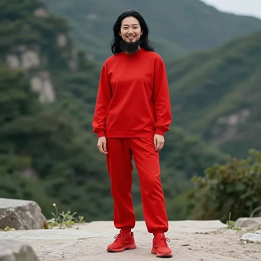 Photograph of an Asian woman with long black hair, wearing a bright red sweater, pants, and shoes, smiling outdoors on a mountain path with lush