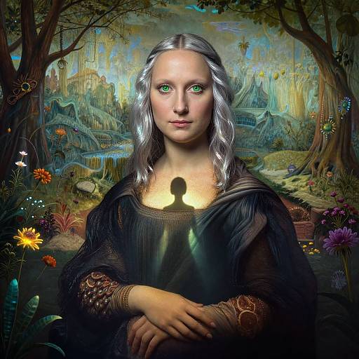 Digital painting of a fair-skinned woman with silver hair, glowing green eyes, and a black dress, standing in a vibrant, enchanted forest with colorful