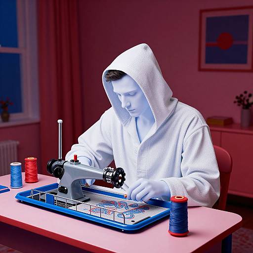 Photograph of a young man in a white bathrobe, sewing machine, blue and red spools, pink room, focused expression.