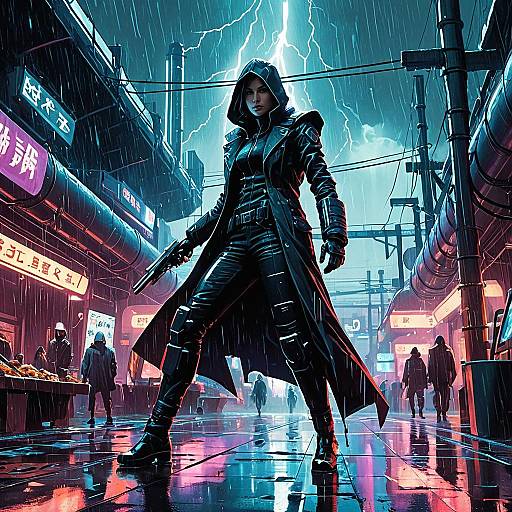 Shadowy Rogue Assassin in Futuristic Rainy Marketplace