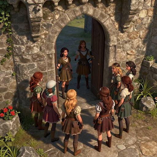Digital art of six medieval women in brown and green tunics, standing before a stone archway, facing a woman with a sword inside. Sunlit