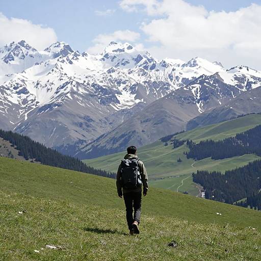 Photograph of a hiker with a backpack facing snowy mountain range, standing on a grassy hill with a clear blue sky.