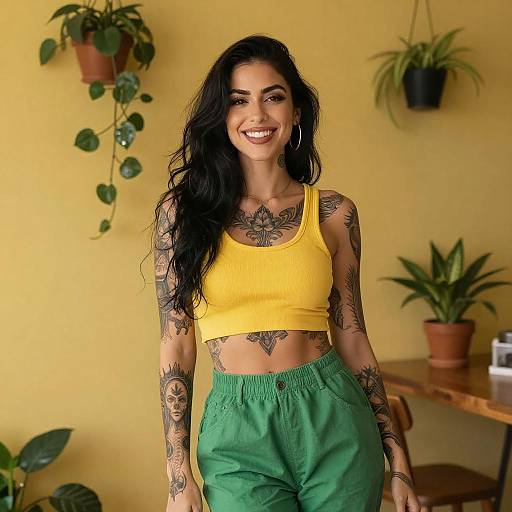 Smiling Woman with Tattoos in Yellow Room