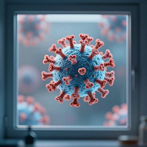 CGI image of a blue coronavirus with red spikes, centered in a blurred window background, conveying a scientific, medical theme.